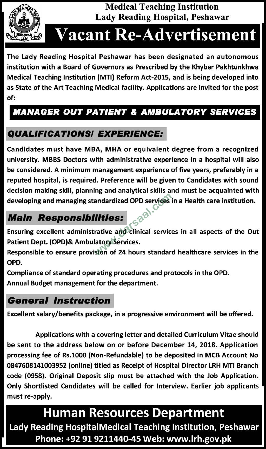 Management Jobs in Lady Reading Hospital in Peshawar - Nov 28, 2018