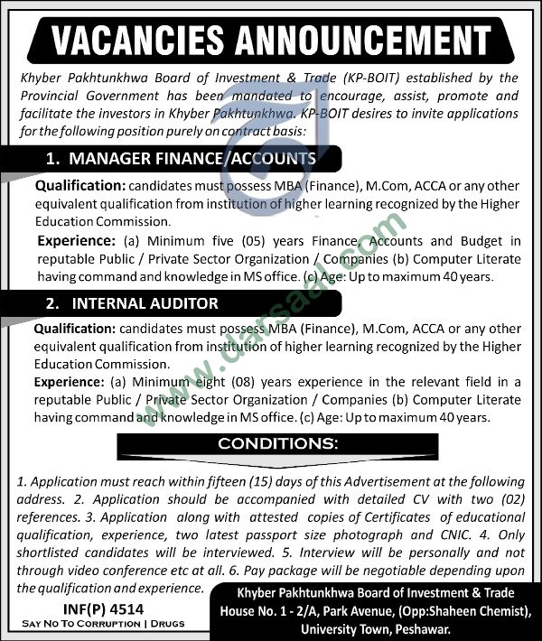 Internal Auditor Jobs in Board of Investment & Trade in Peshawar - Nov 28, 2018