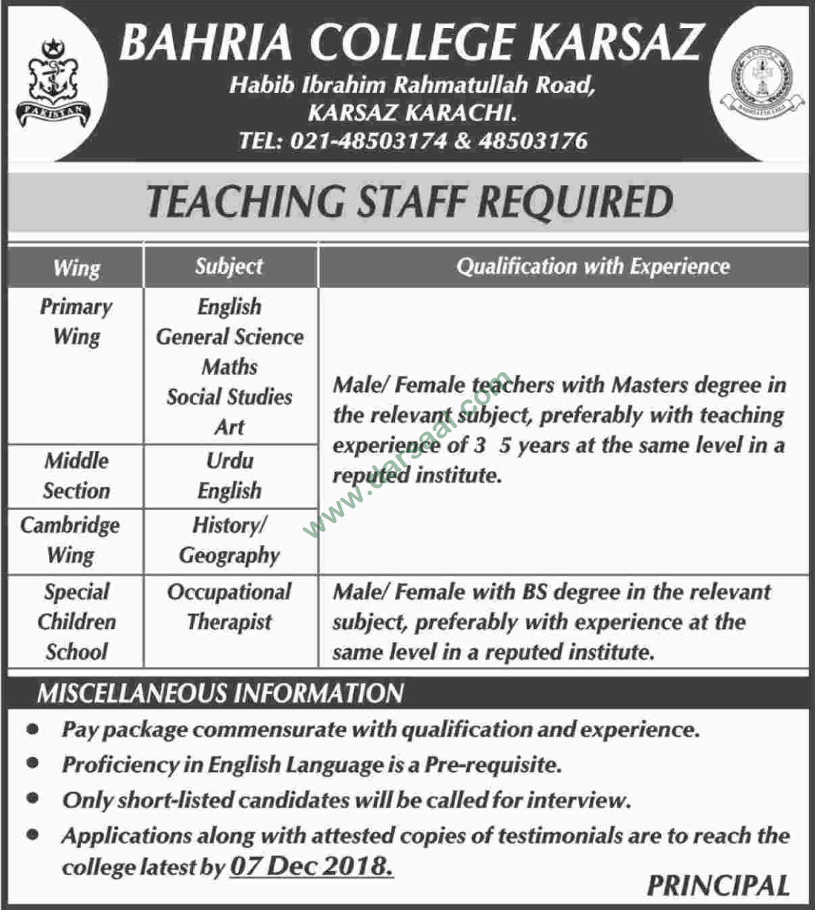 Teaching Jobs in Bahria College in Karachi - Nov 28, 2018