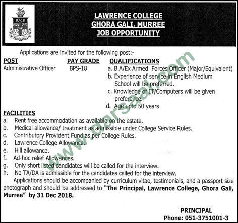 Administrative Assistant Jobs in Lawrence College in Murree - Nov 28, 2018
