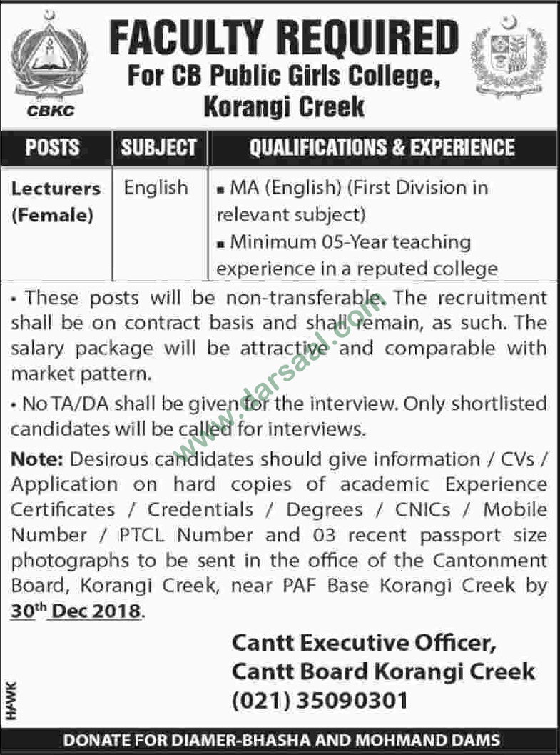 Lecturer Jobs in C B Public Girls College in Korangi - Nov 30, 2018