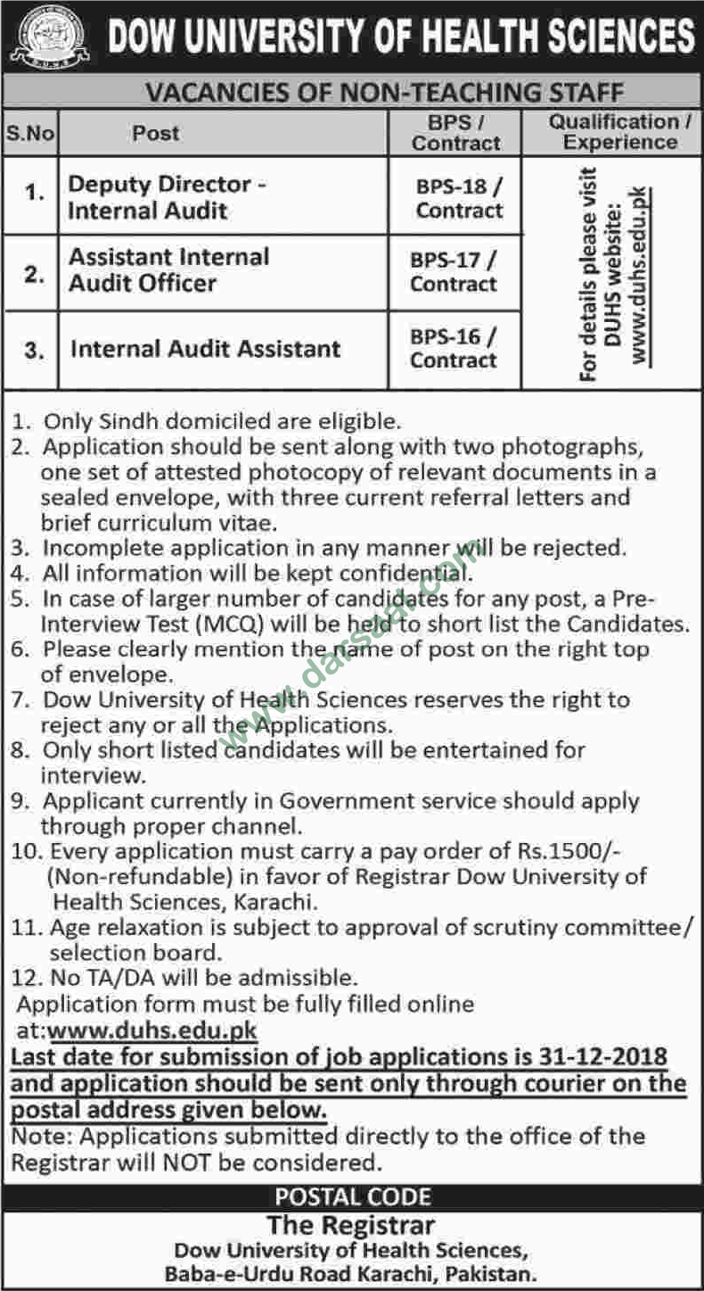 Internal Audit Jobs in Dow University of Health Sciences in Karachi - Nov 30, 2018
