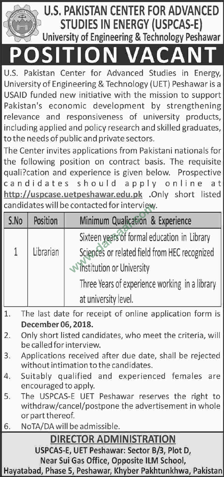 Librarian Jobs in University of Engineering & Technology - UET in Peshawar - Nov 30, 2018
