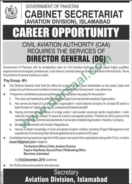 Director General Jobs in Cabinet Secretariat in Islamabad - Nov 30, 2018