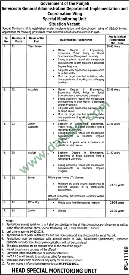 Driver Jobs in Services & General Administration Department in Lahore - Nov 30, 2018