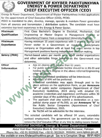 Chief Executive Jobs in Energy & Power Department in Peshawar - Dec 03, 2018