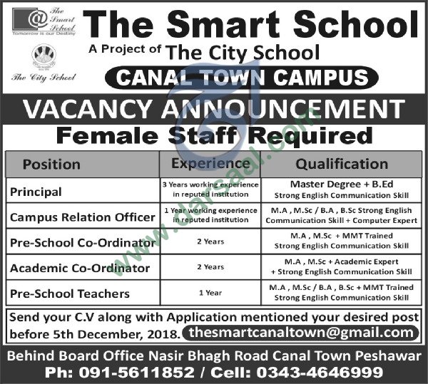 Teaching Jobs in The Smart Schools in Peshawar - Dec 03, 2018