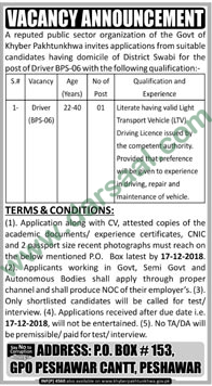 Driver Jobs in Public Sector Organization in Peshawar - Dec 03, 2018