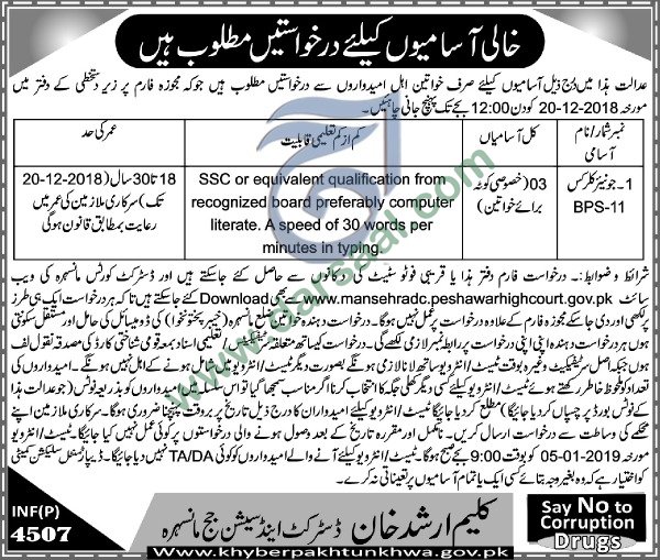 Junior Clerk Jobs in District & Sessions Judge in Mansehra - Dec 03, 2018