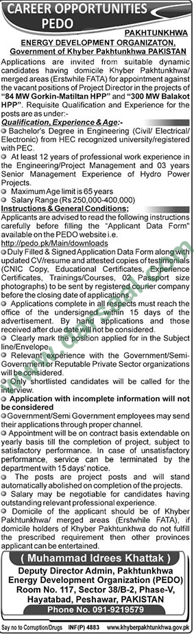 Project Director Jobs in PEDO House in Peshawar - Dec 24, 2018