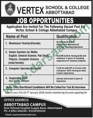 Sweeper Jobs in Vertex School System And College in Abbottabad - Dec 24, 2018