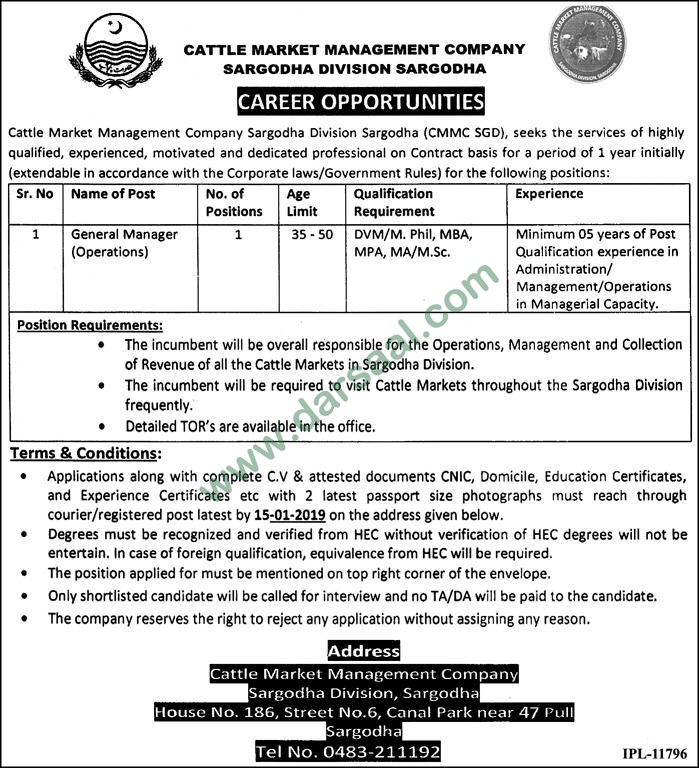 General Manager Jobs in Cattle Market Management Companies in Sargodha - Dec 27, 2018