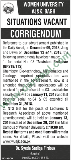 Assistant Professor Jobs in Women University of Azad Jammu and Kashmir in Bagh - Dec 27, 2018