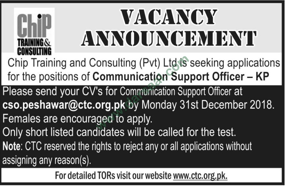 Communication Support Officer Jobs in CHIP Training & Consulting in Peshawar - Dec 27, 2018