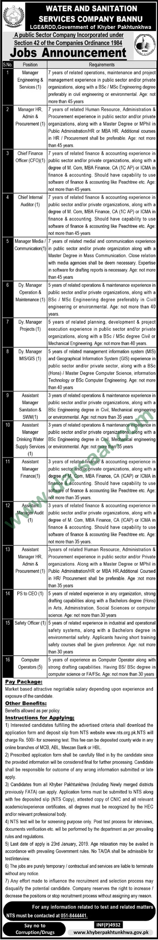 Assistant Manager Jobs in Water & Sanitation Services Company Bannu in Bannu - Dec 27, 2018