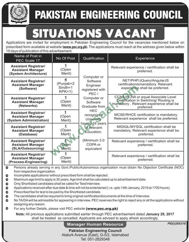 Assistant Manager Jobs in Pakistan Engineering Council in Islamabad - Dec 30, 2018