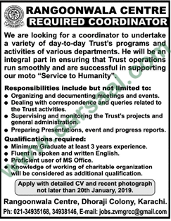 Coordinator Jobs in ZVMG Rangoonwala Community Centre in Karachi - Jan 06, 2019