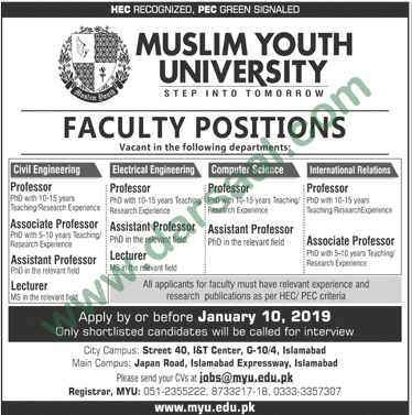 Professor Jobs in Muslim Youth University in Islamabad - Jan 06, 2019
