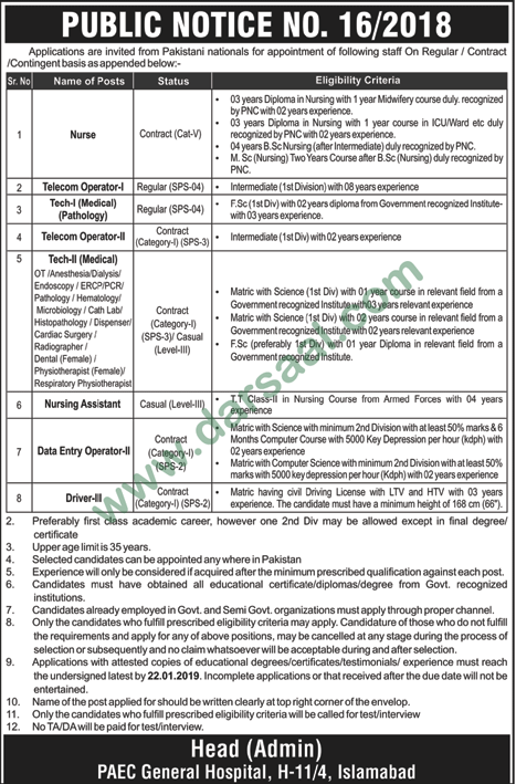 Nursing Jobs in PAEC in Islamabad - Jan 06, 2019