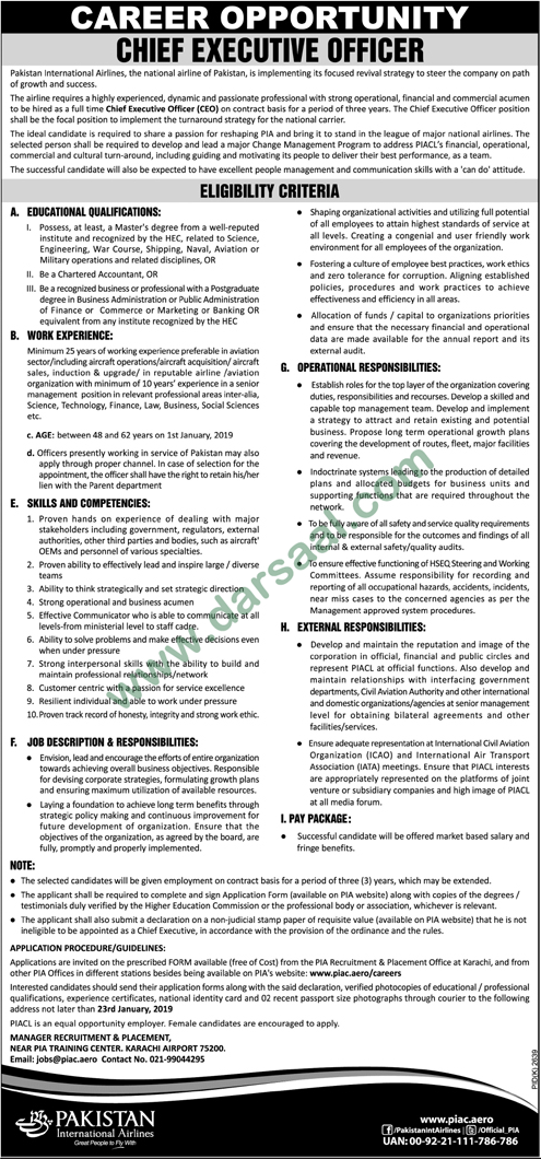Chief Executive Jobs in Pakistan International Airlines in Karachi - Jan 08, 2019