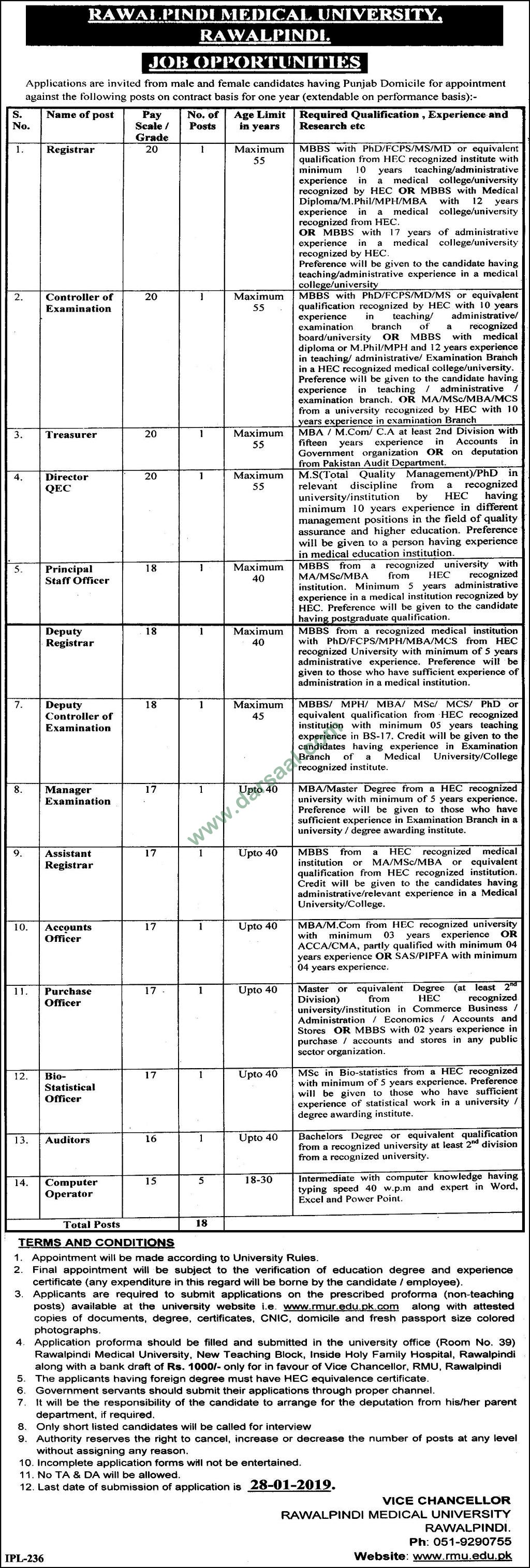 Registrar Jobs in Rawalpindi Medical University in Rawalpindi - Jan 11, 2019