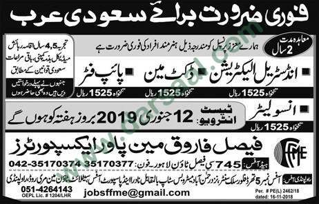 Industrial Electrician Jobs in Faisal Farooq Manpower Exporter in Saudi Arabia - Jan 11, 2019
