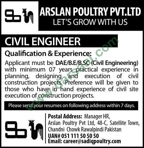 Civil Engineer Jobs in Arslan Poultry in Rawalpindi - Feb 10, 2019