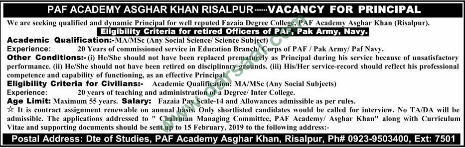 Principal Jobs in PAF Academy Risalpur in Risalpur - Feb 10, 2019