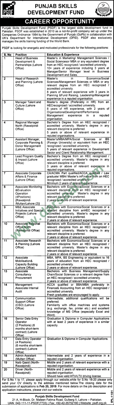 Business Development Manager Jobs in Punjab Skills Development Fund in Lahore - Feb 10, 2019