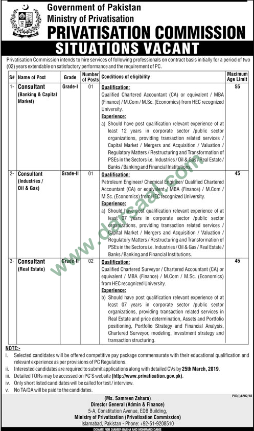 Consultant Jobs in Privatisation Commission in Islamabad - Mar 09, 2019