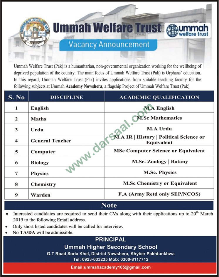 Teaching Jobs in Ummah Welfare Trust in Nowshera - Mar 10, 2019