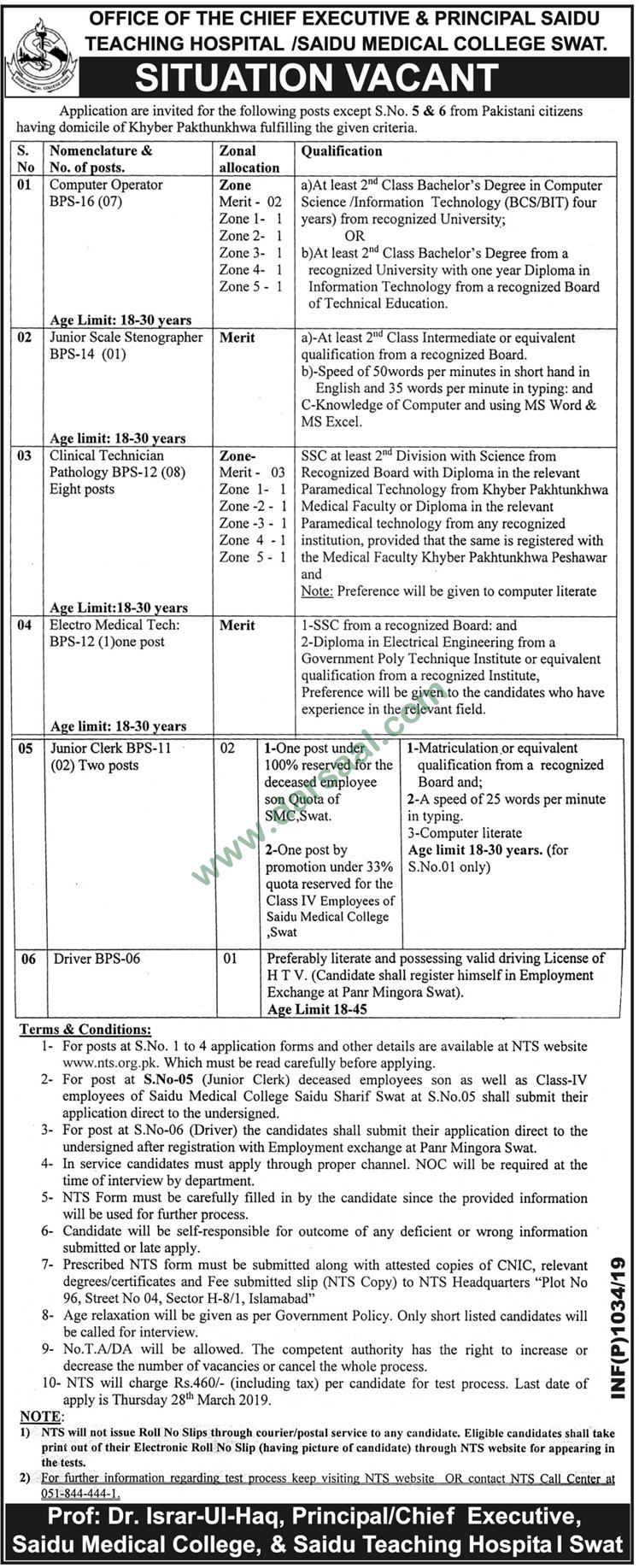 Computer Operator Jobs in Saidu Teaching Hospital in Swat - Mar 11, 2019