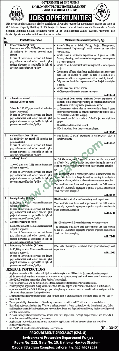 Project Director Jobs in Environmental Protection Department in Lahore - Apr 05, 2019