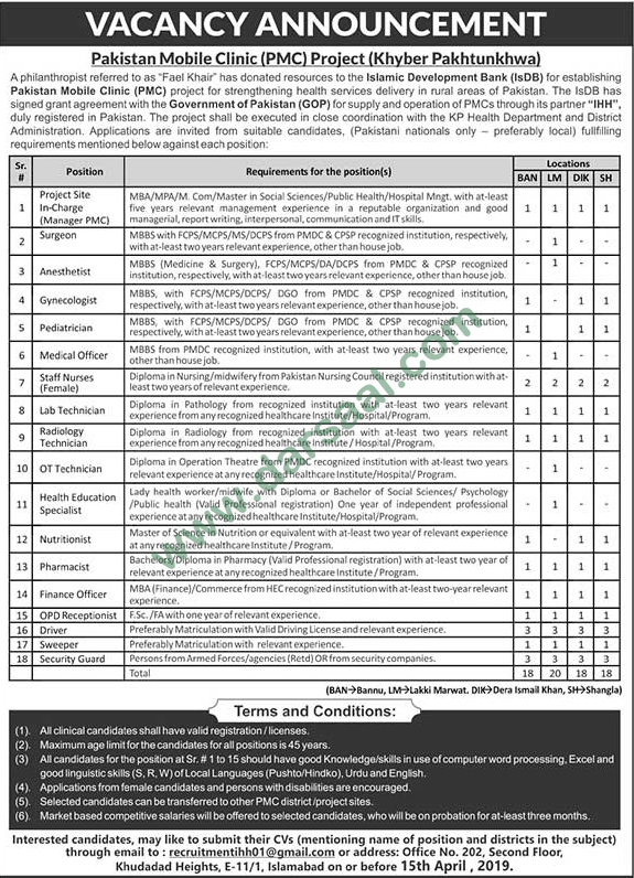 Manager Jobs in Pakistan Mobile Clinic - PMC in Peshawar - Apr 09, 2019