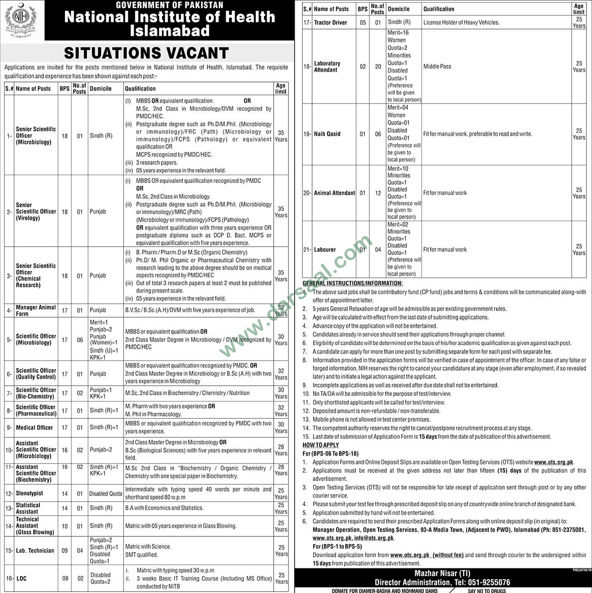 Senior Scientific Officer Jobs in National Institute of Health in Peshawar - Apr 09, 2019
