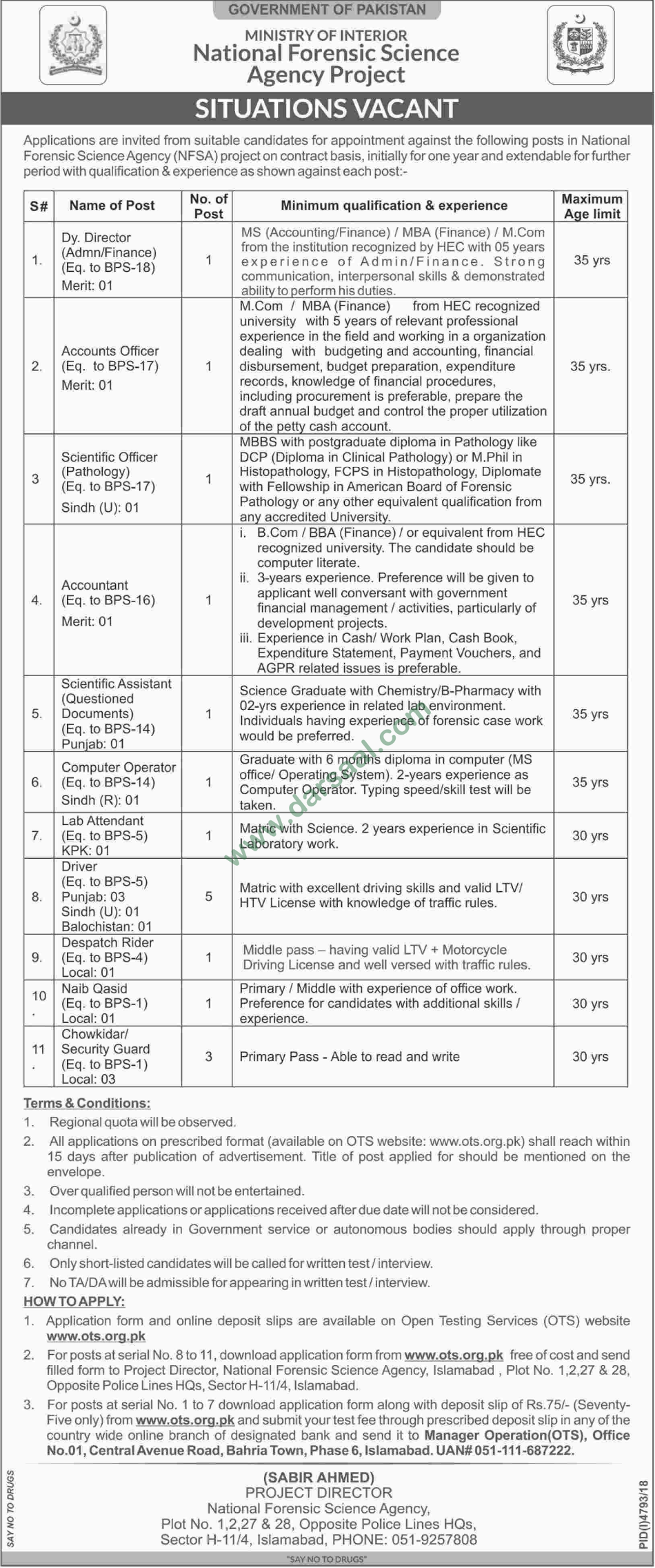 Deputy Director Jobs in National Forensic Science Agency in Islamabad - Apr 12, 2019