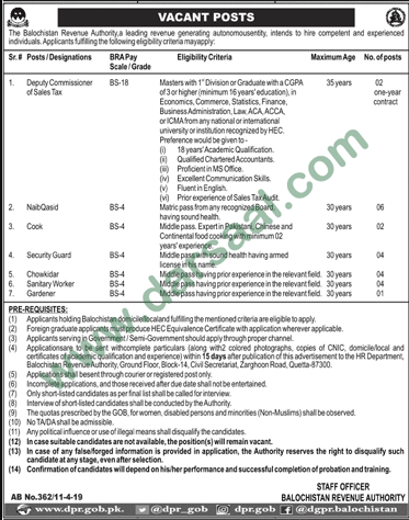 Deputy Commissioner Jobs in Balochistan Revenue Authority in Quetta - Apr 12, 2019