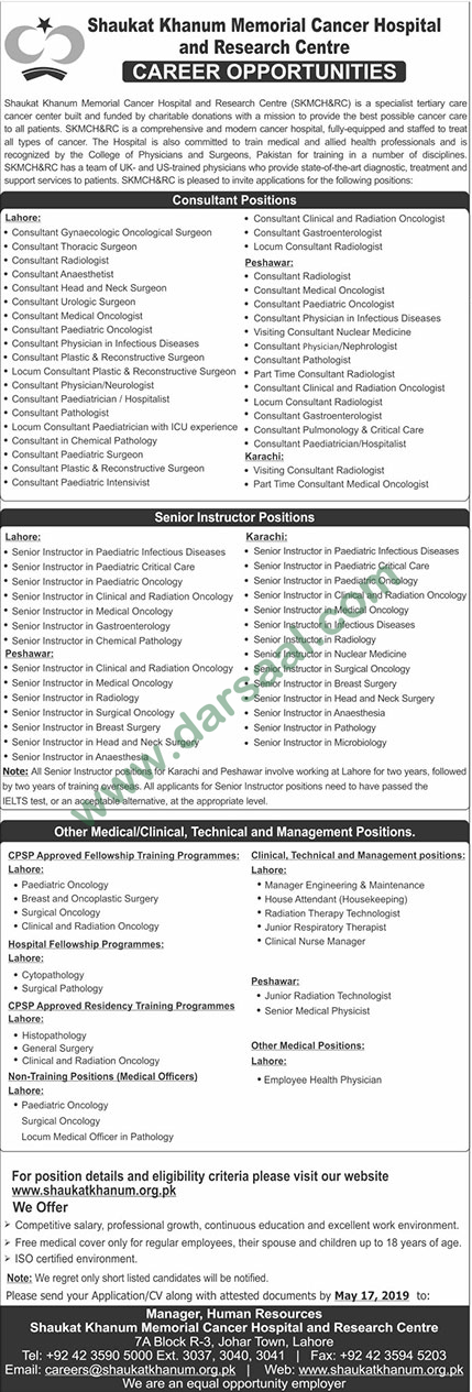 Instructor Jobs in Shaukat Khanum Memorial Cancer Hospital & Research Centre in Karachi - May 05, 2019