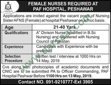 Nursing Jobs in PAF Hospital in Peshawar - May 07, 2019