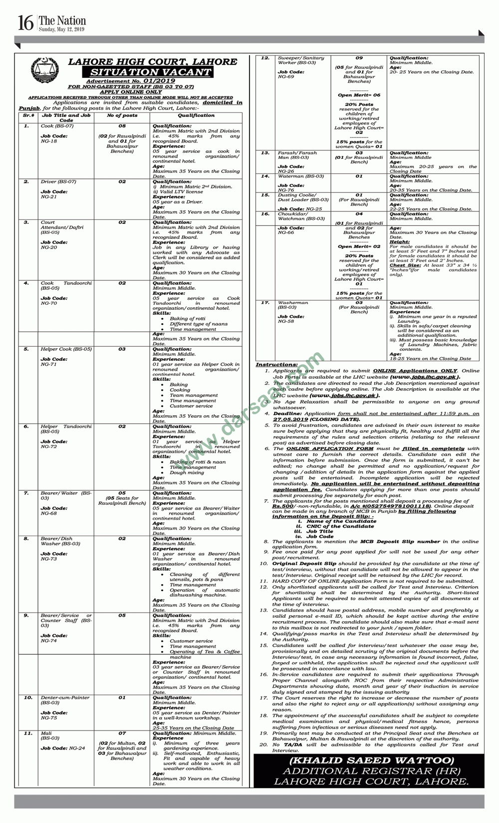 Waterman Jobs In Lahore High Court In Lahore 12 May 2019 Darsaal