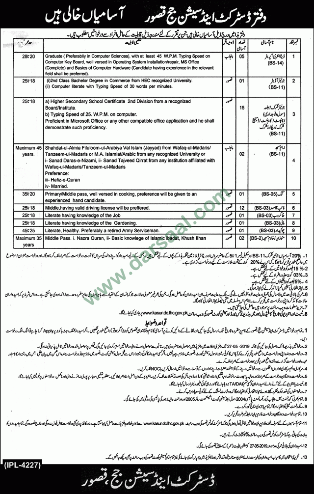 Khakrob Jobs in District & Sessions Judge in Kasur - May 12, 2019