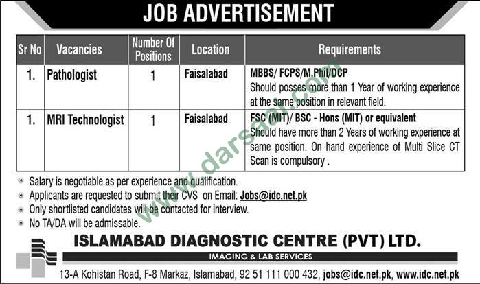 Pathologist Jobs in Islamabad Diagnostic Center in Faisalabad - May 12, 2019