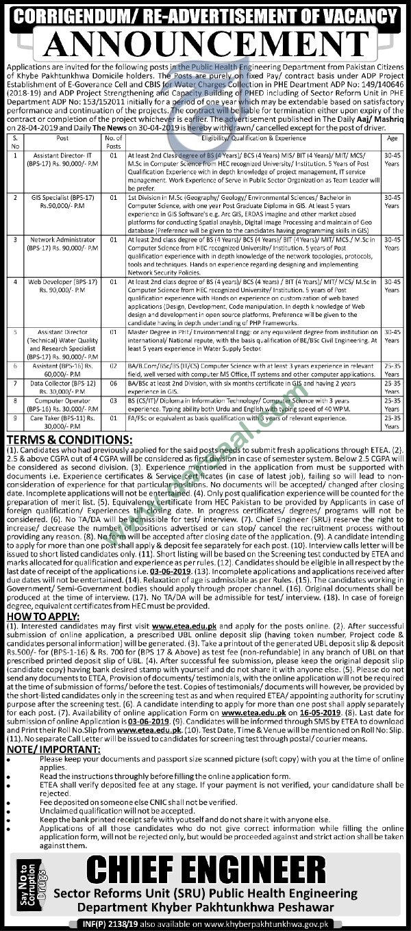 Assistant Jobs in Public Health Engineering in Peshawar - May 16, 2019