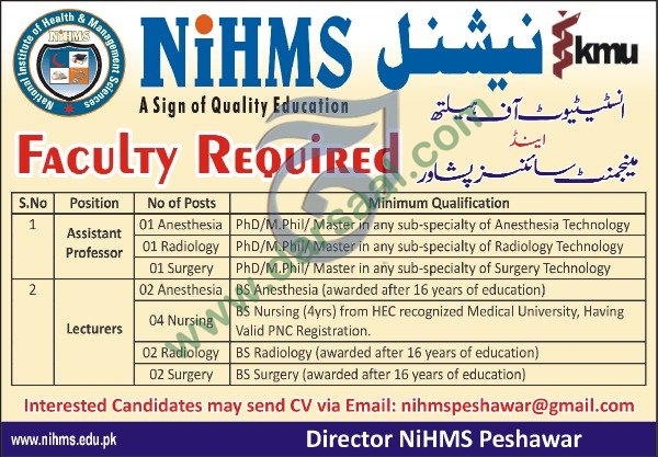 Lecturer Jobs in National Institute Of Health & Management Sciences in Peshawar - May 16, 2019