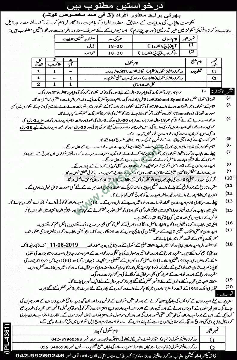 Khakrob Jobs in Education Department in Sheikhupura - May 17, 2019