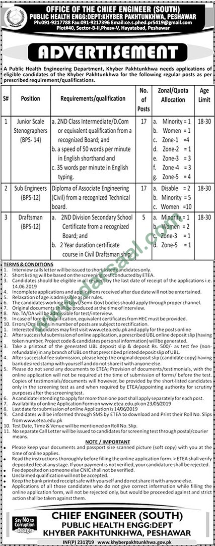 Sub Engineer Jobs in Public Health Engineering in Peshawar - May 24, 2019