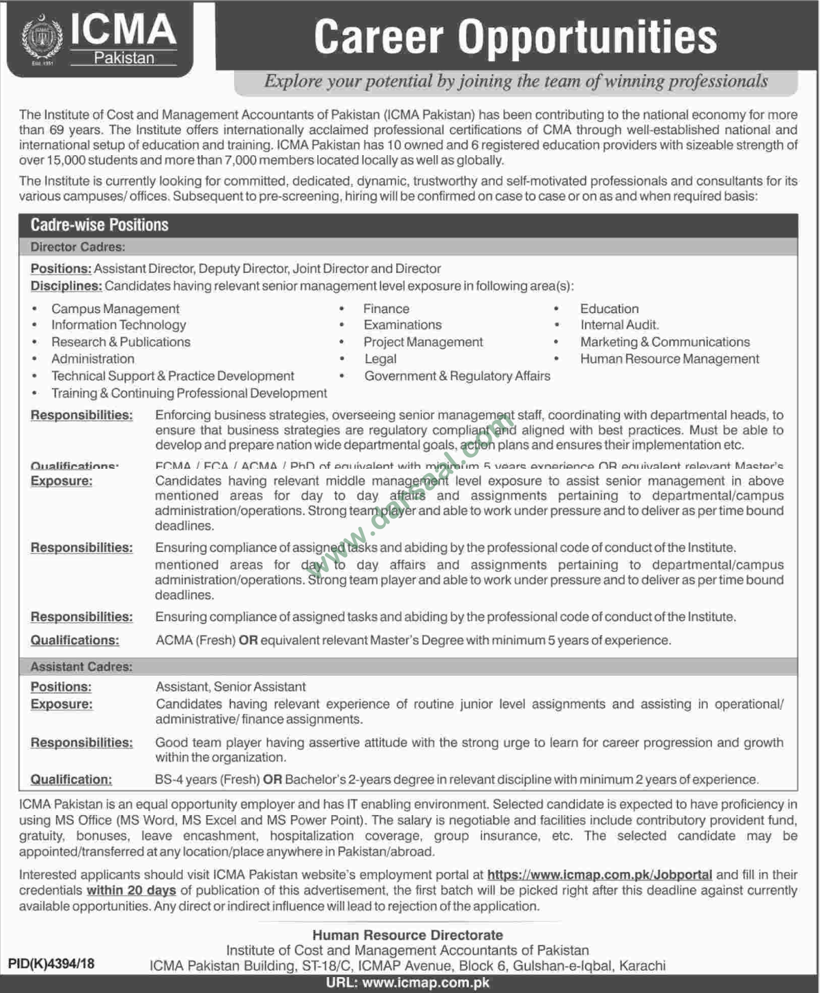 Senior Assistant Jobs in Institute of Cost and Management Accountants - ICMA in Karachi - May 24, 2019