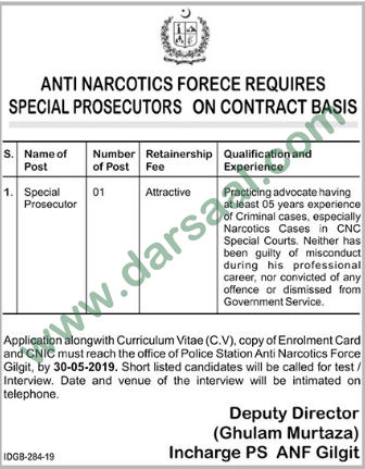 Special Prosecutor Jobs in Anti-Narcotics Force in Gilgit - May 25, 2019