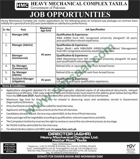 Deputy Manager Jobs in Heavy Mechanical Complex in Taxila - May 26, 2019