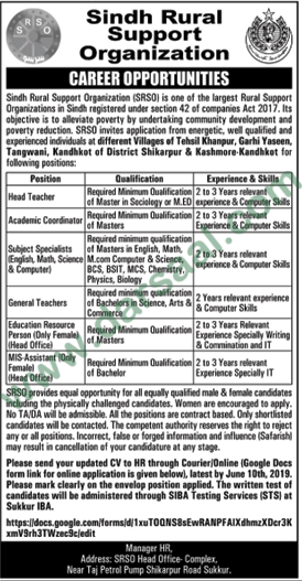 General Teacher Jobs in Sindh Rural Support Organization in Sukkur - May 29, 2019